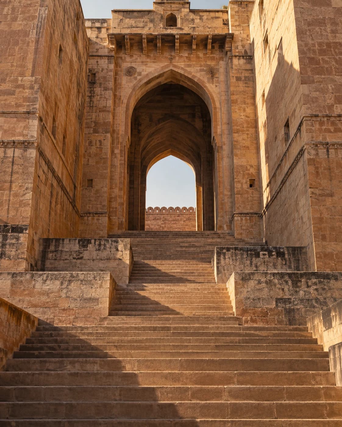 Sunlit sandstone steps rising through a monumental Indian archway